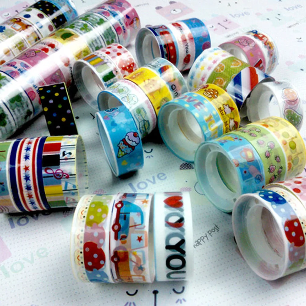 10pcs Adhesive Sticker 250x1.5cm DIY Washi Tape Cartoon Pattern Decorative Craft for Gift Wrapping Scrapbook School Supplies 3