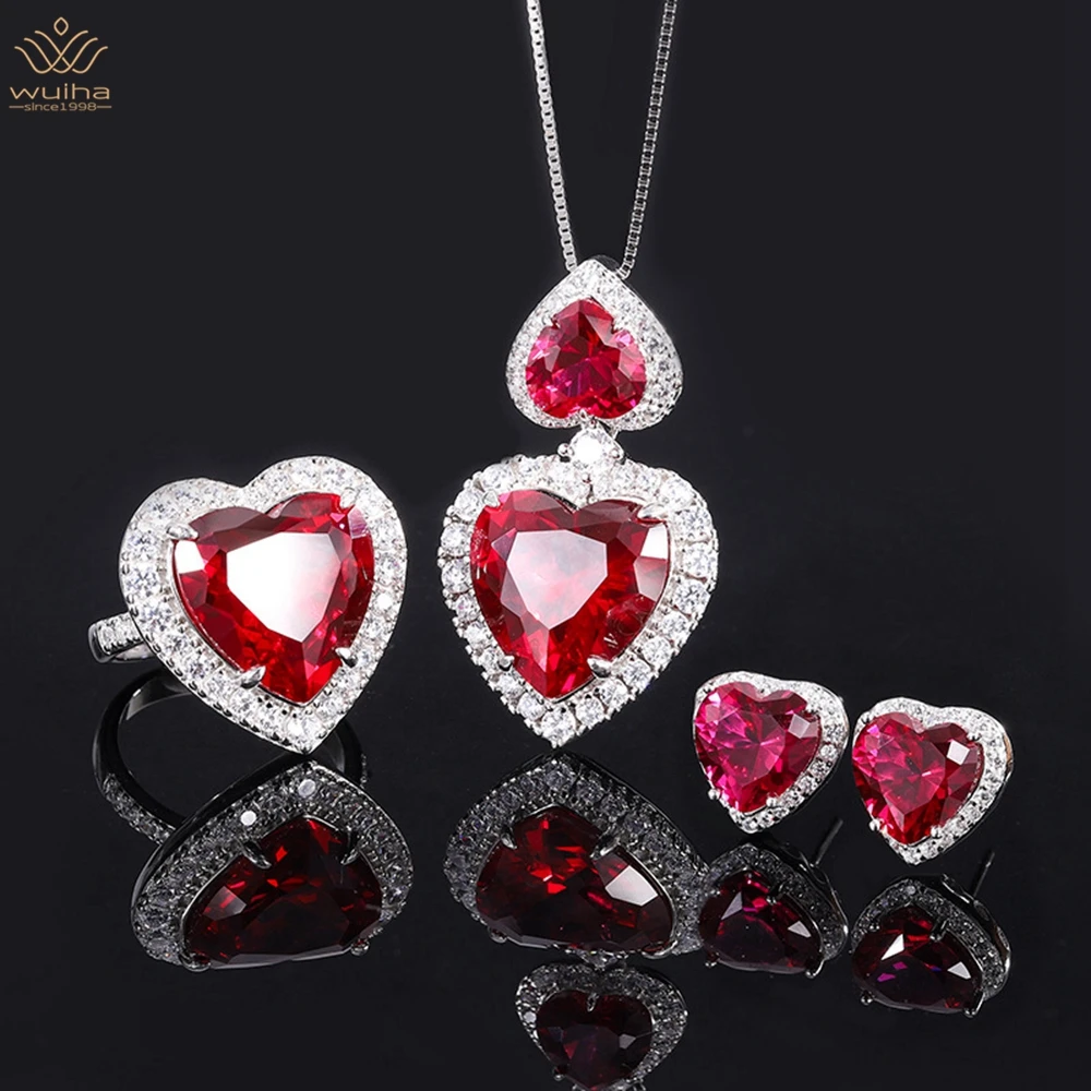 

WUIHA 925 Sterling Silver Heart Cut 15*15MM Sapphire Faceted Gemstone Ring/Earrings/Pendant/Necklace Engagement Fine Jewelry Set