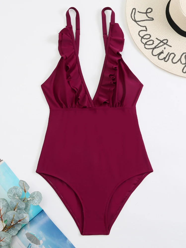 One Piece Swimsuit For Women Swimwear New Monokini Sexy Solid Black Ruffled Beachwear Bathing Suit Female Clothing Summer