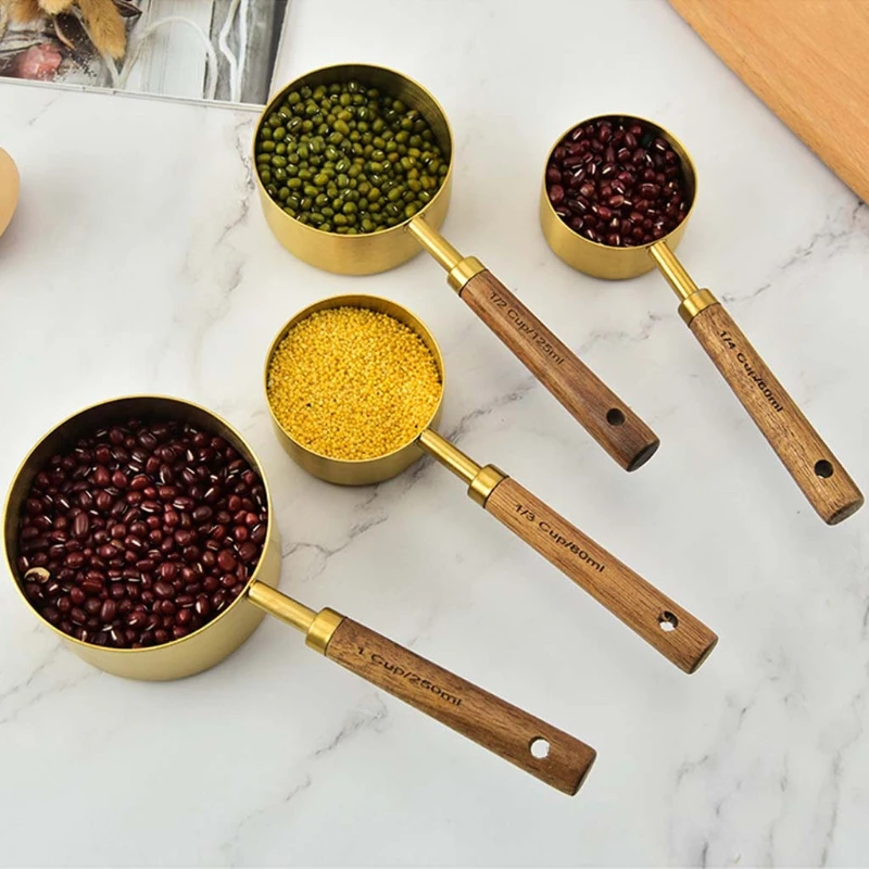 Stainless Steel Measuring Spoons With Scale Wooden Handle Household Kitchen Dining Bar Baking Tools Measuring Cups 4/8pcs