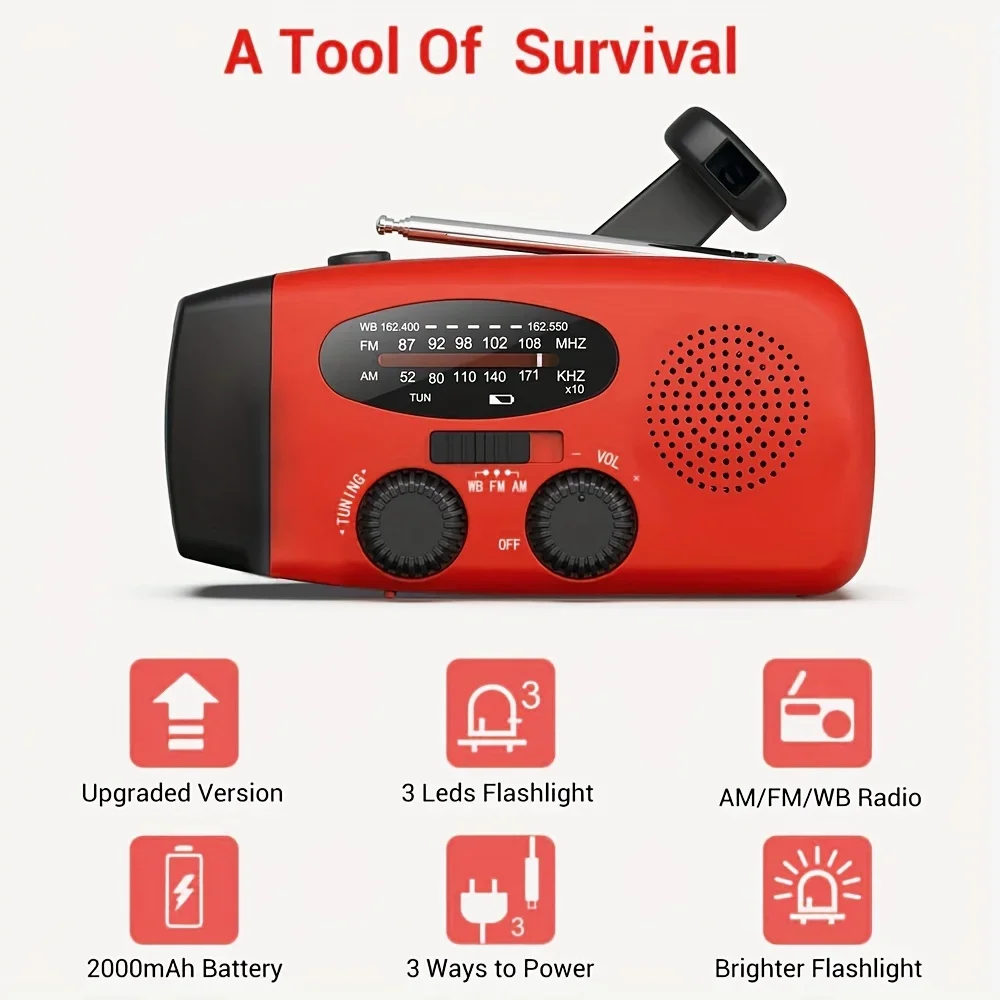 Emergency Hand Crank Radio with Solar/USB/Power Bank Compatible, AM/FM Portable, Survival for Camping, Emergencies, Outdoor