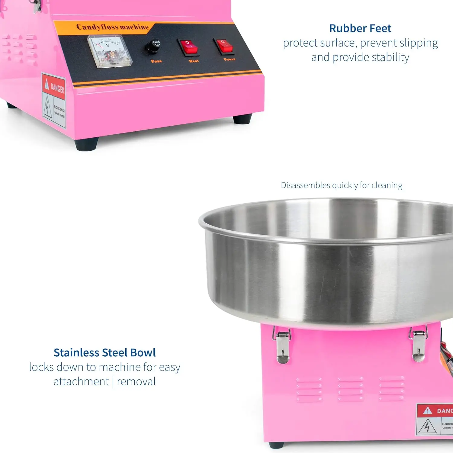 Pink 1030W Electric Commercial Cotton Candy Machine/Candy Floss Maker with Bubble Shield Easy Maintenance Simple Cleaning 3