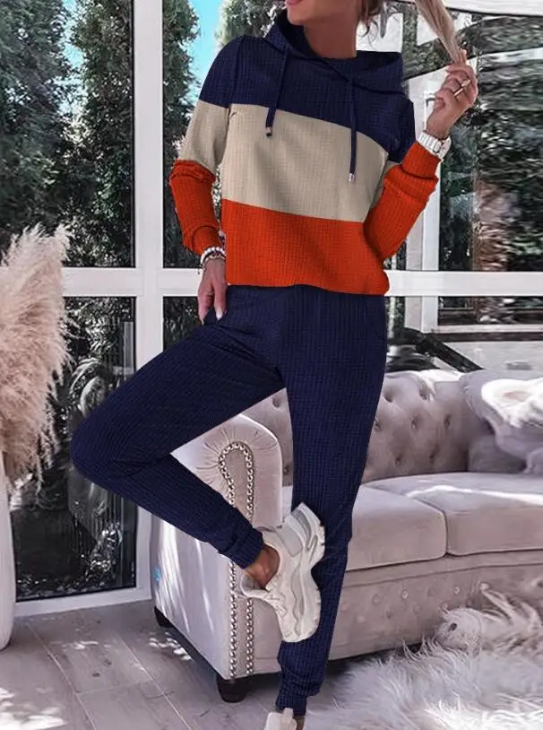 Two Piece Set Women Outfit 2023 Summer Fashion Striped Colorblock Knit Casual Long Sleeve Hoodie & High Waist Cuffed Pants Set mens colorblock fleece lining hoodie l multi c