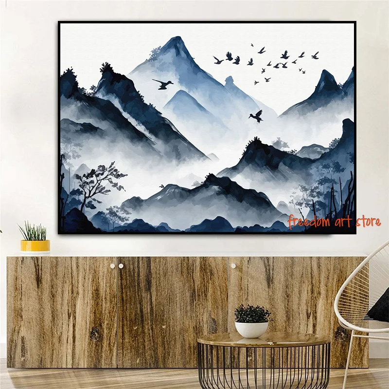 Chinese Landscape Couple Birds Forest Mountain River Koi Carp Fish Art Poster Canvas Painting Wall Art Prints Picture Home Decor 4