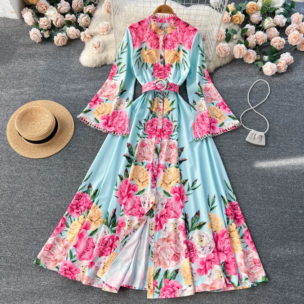 

Runway Designer Fashion Vintage Floral Print Maxi Long Party Dresses Women Stand Collar Flare Sleeve Largo Vestidos Robes