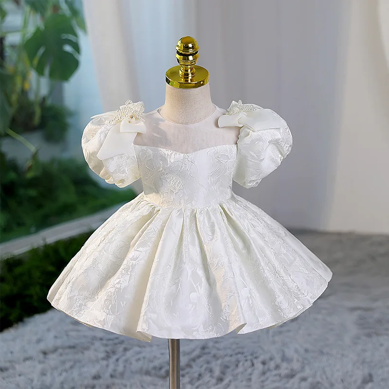 

2024 Girl Birthday Dress Princess Evening Dresses for Girls Children White Print Beading Ball Gown Toddlers Christening Costume