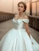 Satin Off The Shoulder Engagement Formal Ruched Wedding Dresses Ball Gown Sweetheart Cap Sleeve Bridal Gown with Court Train 4