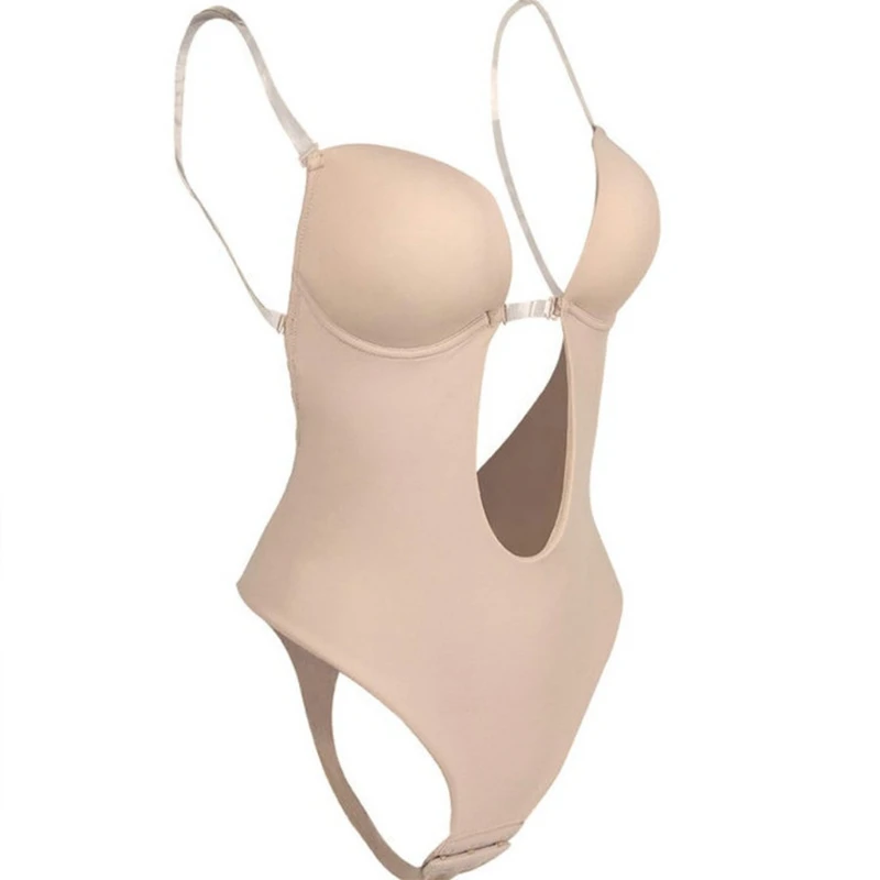 Women body shaper Women sexy U plunge backless bodysuit Deep V-neck Seamless thong bottom underwear Padded push up body shapewear top For M6CD