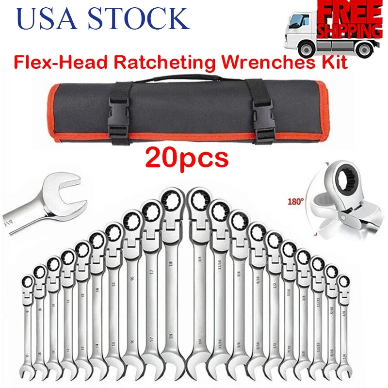 

20pcs Flex-Head Ratcheting Combination Wrench Kit Chrome Vanadium Steel Ended Spanner for Mechanics Auto Repair Household Tool