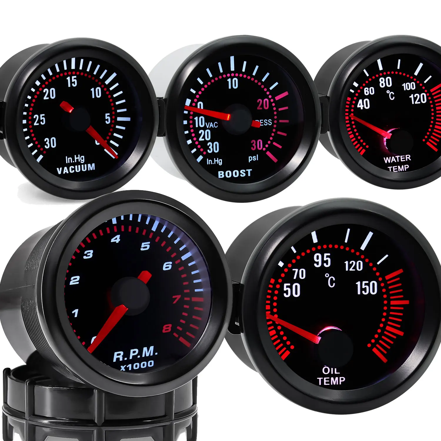 2" Turbo Boost Gauge 52mm Smoke Lens with Sensor Boost Gauge Bar Psi/Vacuum/Water Temp/Oil Pressure/Voltmeter/Tachometer RPM 6