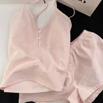 Sweet Stripe V-Neck Strap Sleepwear Women's Summer Slim Fit Vest Shorts Home Clothes Large Size Set Youth Cotton Pajamas