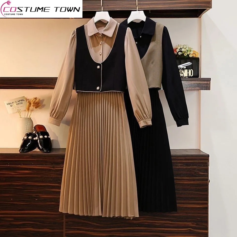 2023 Spring and Autumn New Western-style Two-piece Women's Waistband Slim Mid-length Shirt Skirt Fashion Korean Version Vest