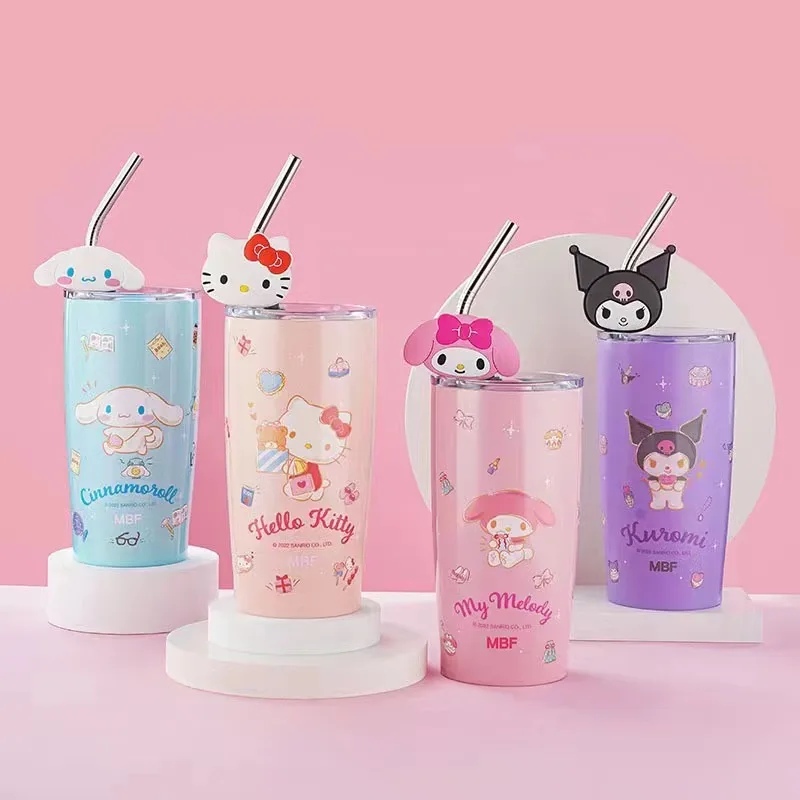

600ml Sanrio Hello Kitty Thermos Cup Cinnamoroll Straw Drinking Mymelody Anime Cartoon Cute Children's Birthday Holiday Gift