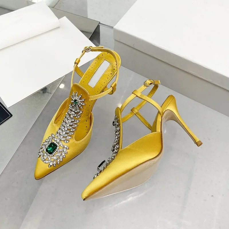 

2024 Spring and Summer Rhinestone Women's Stiletto Satin Crystal Sandals Pointed Toe Buckle Baotou High Heels
