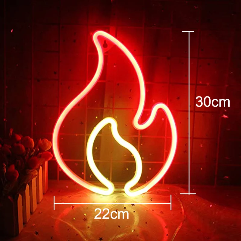 Flame Sign Neon Light LED Fire Flaming Logo Modeling Lamp Decor Shop Room Wall Table Ornament Bar Club Party USB & Battery Box