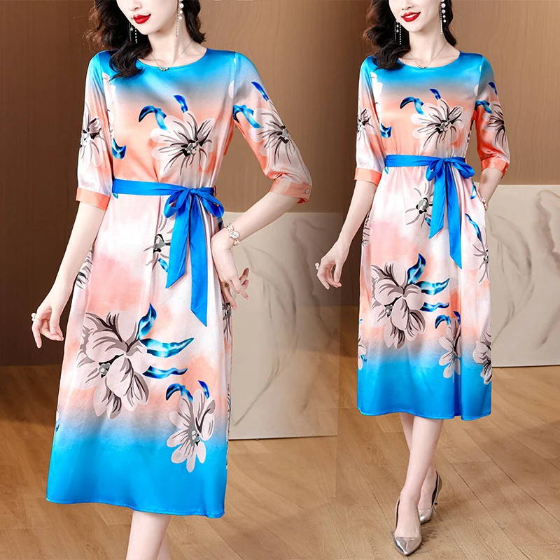 

Summer New Women's Dress O-neck Short Sleeved Satin Dress Loose Fitting Casual Fashion Printed Dresses