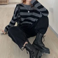New Korean Style Striped Cropped Sweater Women Vintage Oversize Knit Jumper Female Autumn Long Sleeve O-neck Pullovers Tops - Image 3
