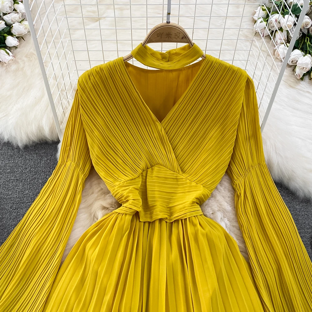 Autumn Flare Sleeve V-neck Midi Dresses for Women Solid Pleated A-line Elegant Party Dress Korean Fashion One Piece Vestidos New