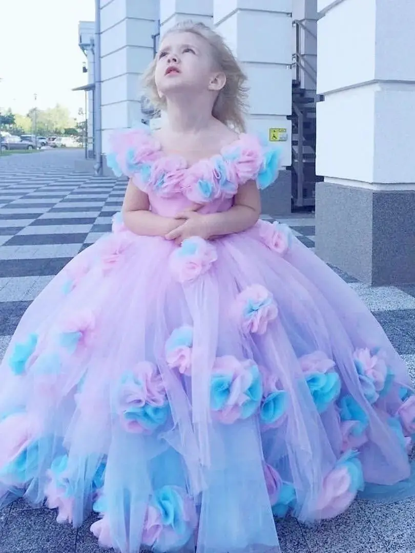 

Детские милые Свадебные Платья с цветочным рисунком для девочек, бальные платья с 3D цветочной аппликацией для конкурса, со шлейфом для дня рождения, искусственное изготовление на заказ