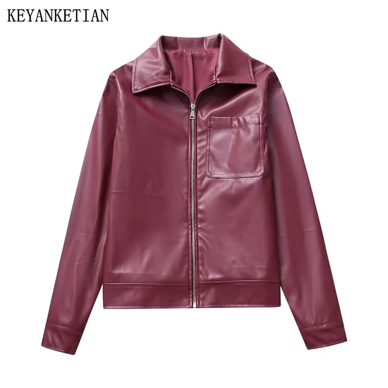 

KEYANKETIAN Winter New Women's Faux Leather Jacket Vintage Turn Down Collar Zipper Pockets Loose Jaqueta Feminina Crop Top