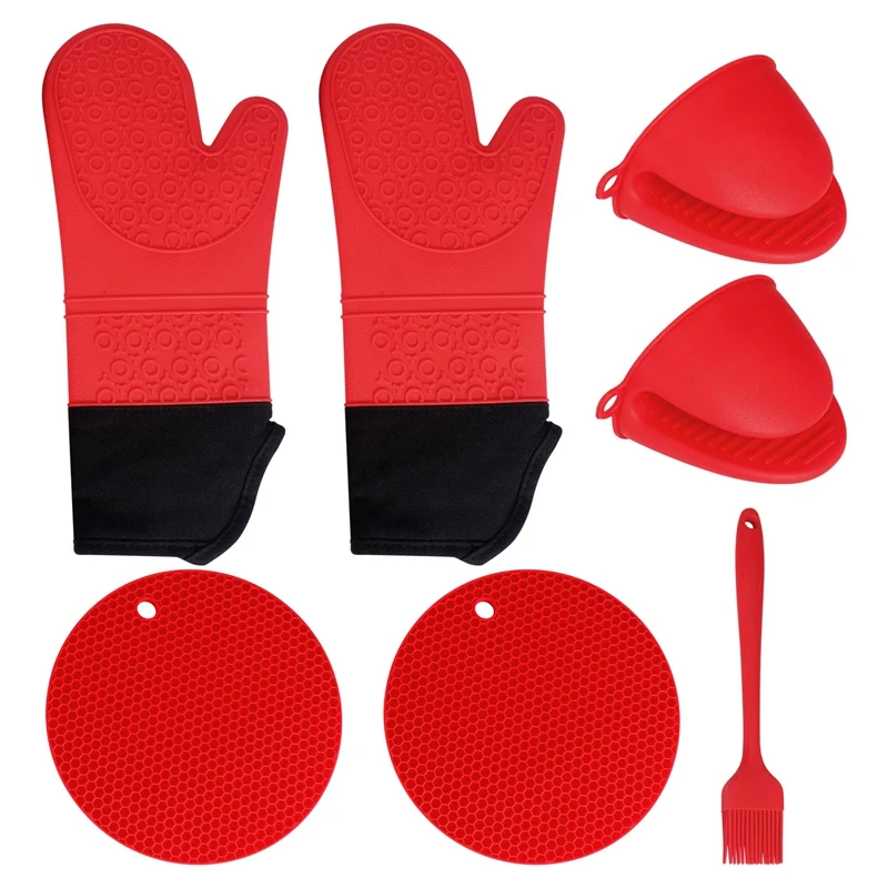 

Extra Long Oven Mitts And Pot Holders Sets, 15 Inches Heat Resistant Silicone Oven Mitts With Mini Oven Gloves