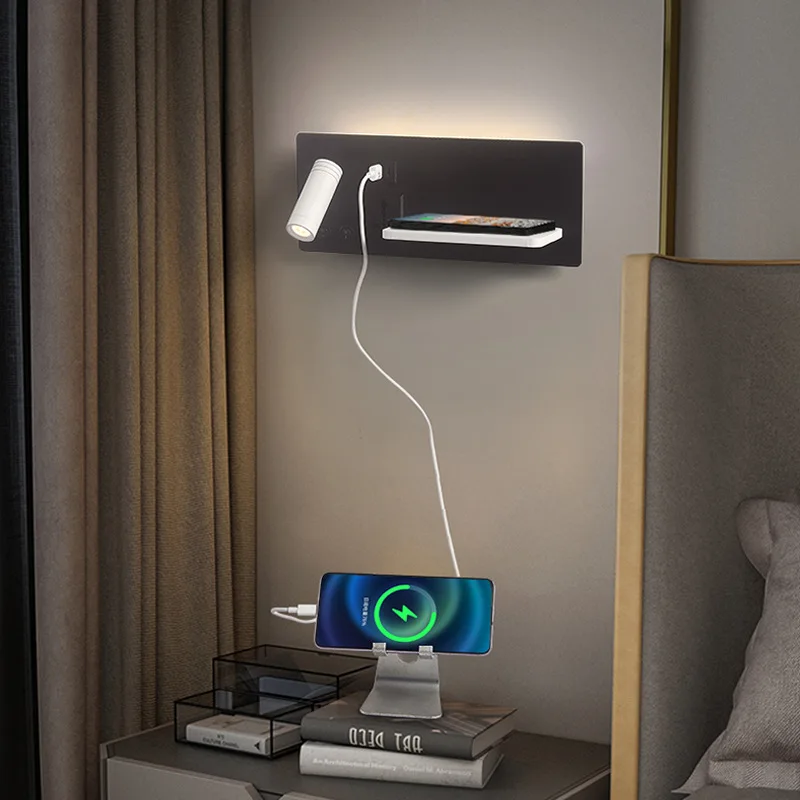 USB Wall Lamp Living Room Reading Wall Light Bedroom Creative Bedside Lamp Wireless Charging Store Indoor Bedside HotelLamp