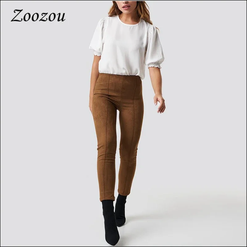 Women's Sexy Skinny Suede Pencil Pants Harajuku Elastic Slim Tan Soft Trousers Ladies Faux Suede Casual Stretchy Leggings Custom