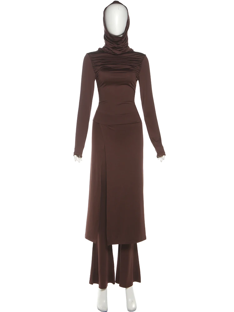 Nibber Fashion Autumn New Style 2Piece Set Woman Hooded Full Sleeve Splits Long Dresses+High Waist Flare Pants High Street Suits