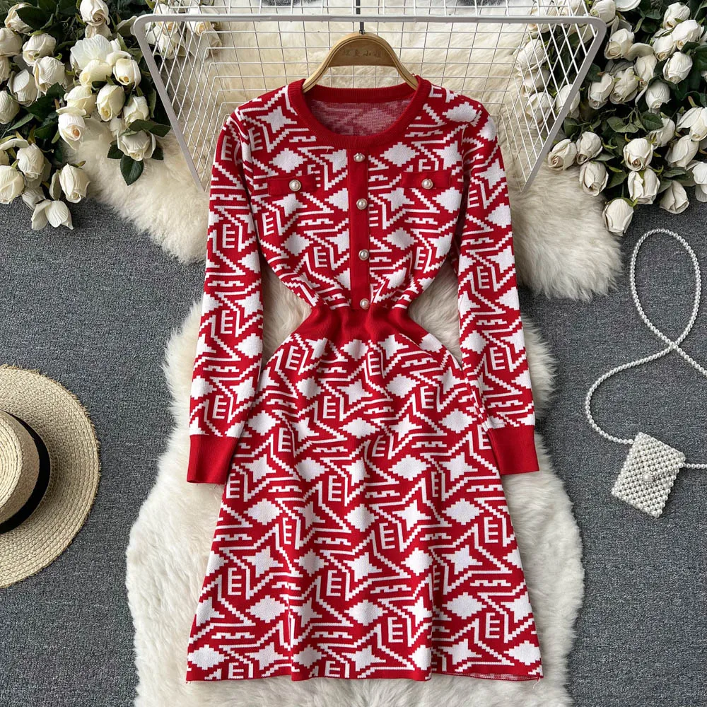 

2022 Early Spring Dress a Sense of Minority Design Star Jacquard Slim Fit Short Long Sleeve Knitted Bottomed Dress Fashion