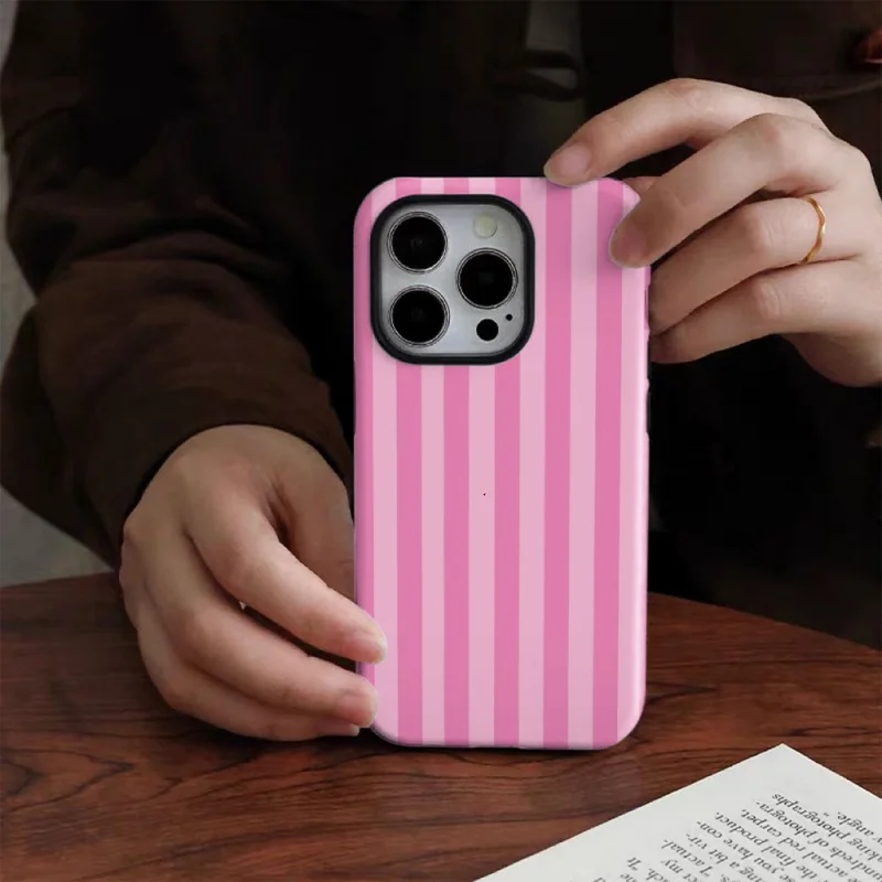 Fresh pink stripes Phone Case suitable for iPhone 17 16ProMax 15 14 14 12mini 7Plus XR 2in1 tough glossy case 2