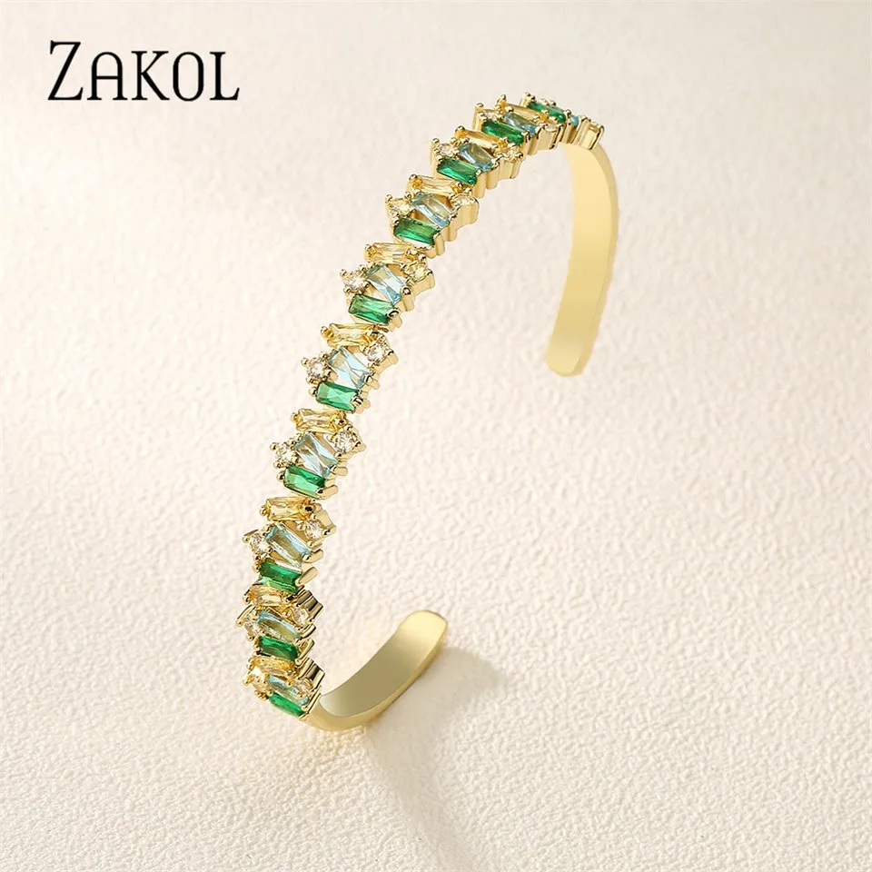 

ZAKOL Colorful Baguette Zircon Cuff Bangles for Women Fashion Geometry Crystal Girl Open Bangle Party Wedding Jewelry