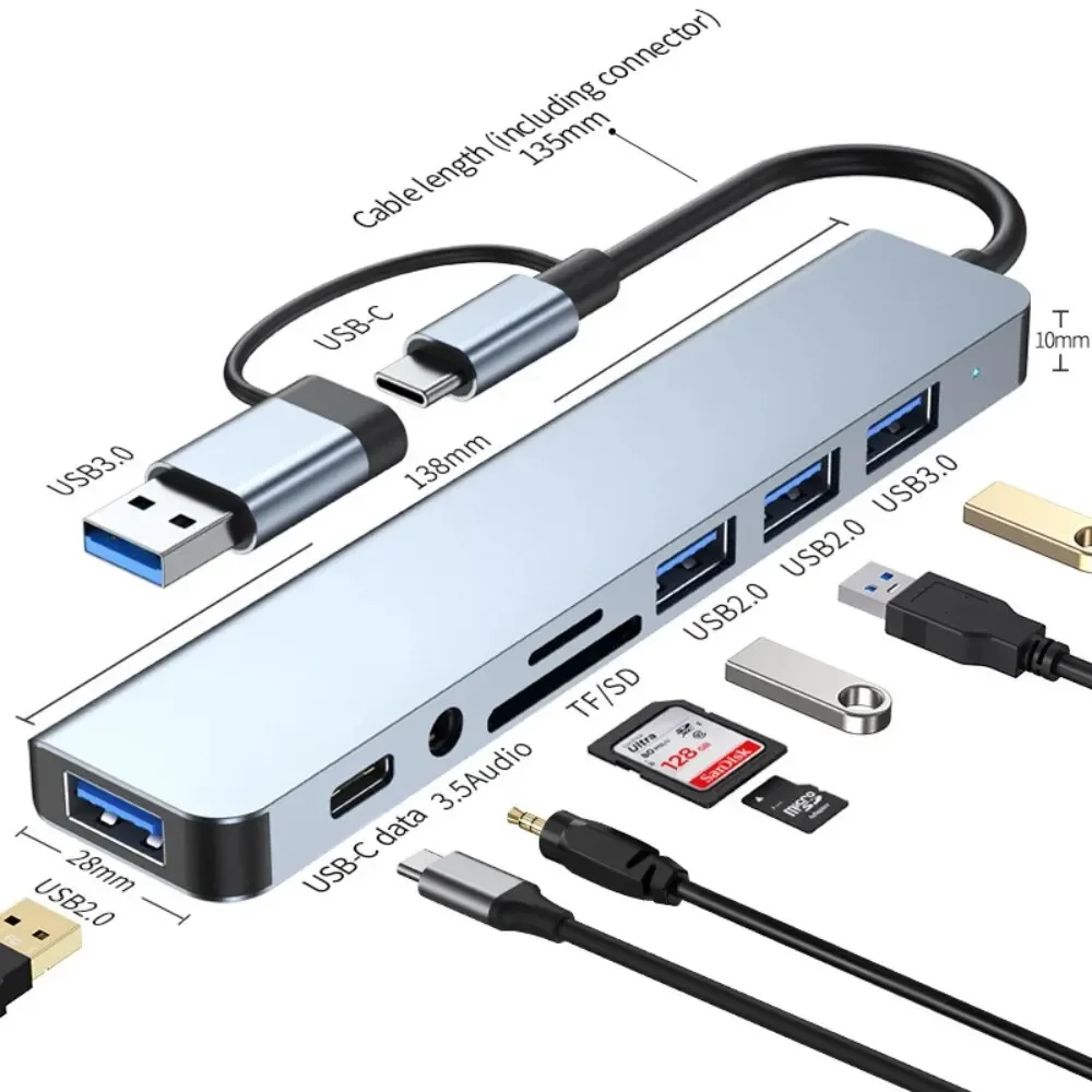 USB Port Adaptor USB Hub Converter USB Hub Adapter 8 In 2 Usb Extender Usb C Hub Splitter 4 Port 1 Usbc Port Tf Sd Card Reader Audio Output Macbook