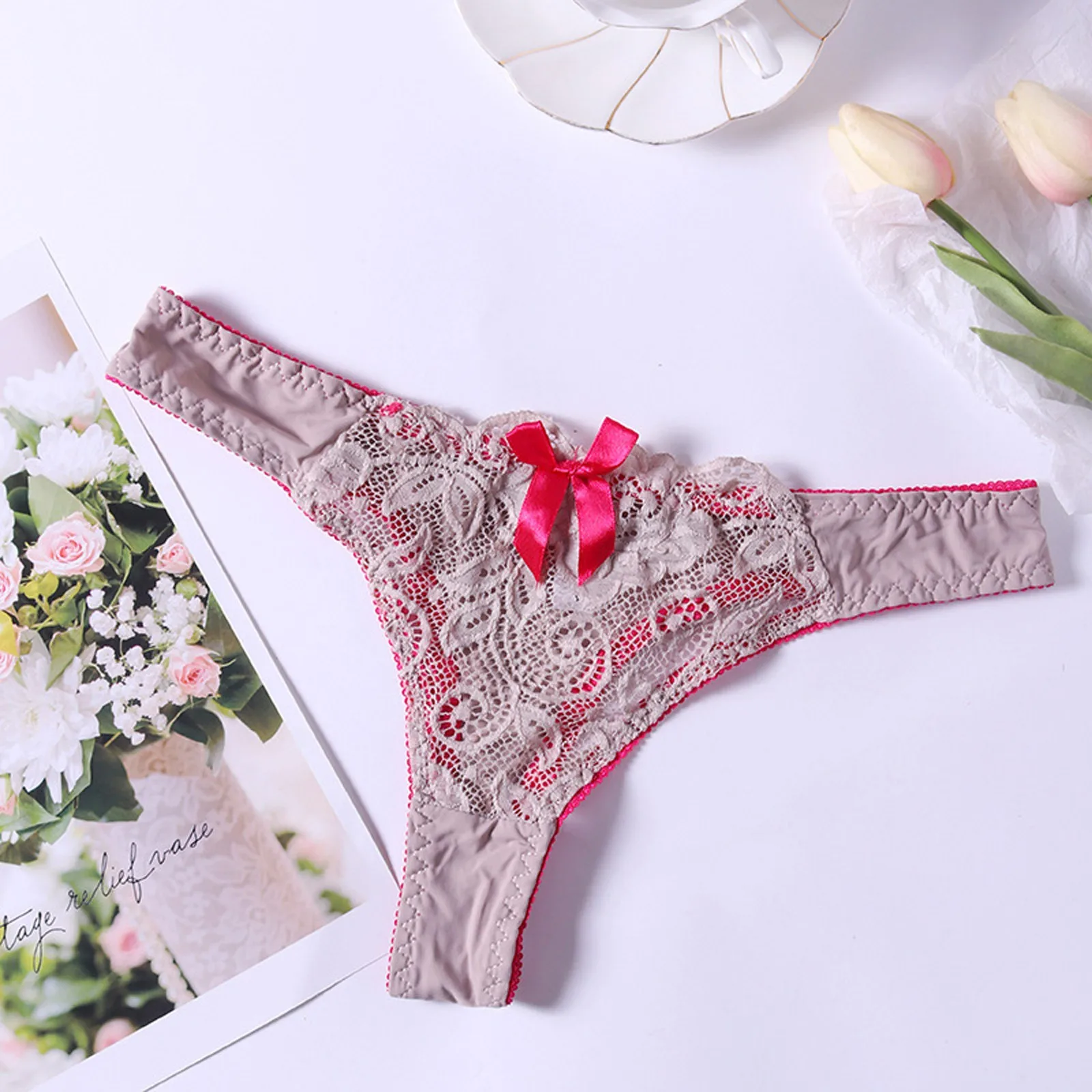 Sexy Floral Lace Sheer Thongs Low Waist Open Crotch G string