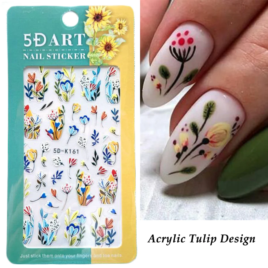 5D Embossed Nail Art Stickers White Lily of the Valley Tulip Dreamcatcher Gel Polish Wedding Flower Engraved Slider Tips BE5D-K
