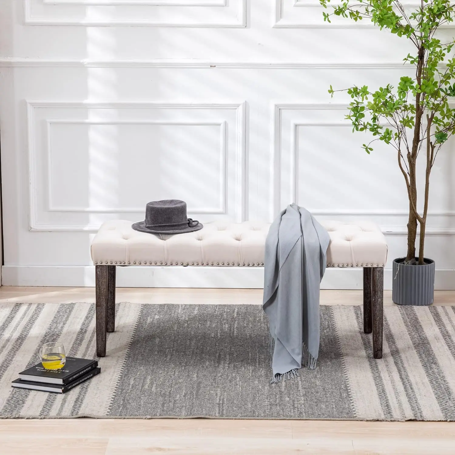 Button-Tufted Ottoman Bench, Upholstered Bedroom Benches Velvet Footrest Stool Accent Bench