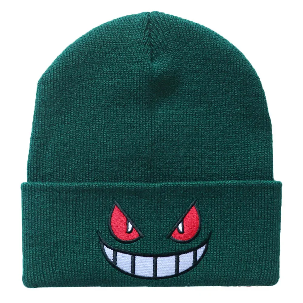 

Pullover Warm Autumn and Winter Woolen Hat Cartoon Embroidery Big Mouth Red Eyes Beanies Embroidery Knitted Hats for Women Men