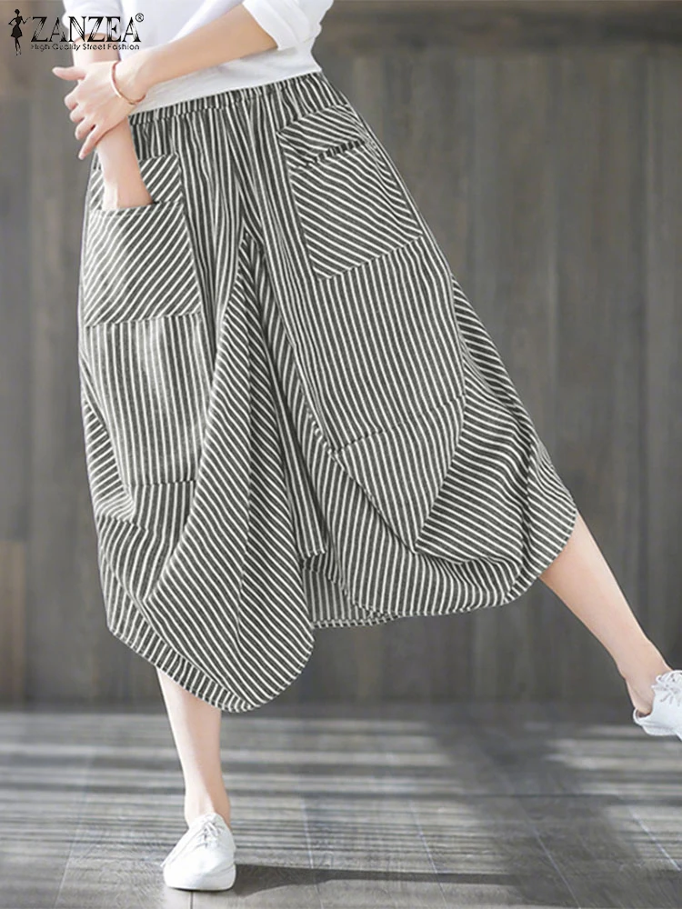 Polyester Striped Casual Pants with Elastic Waist and Big Pockets