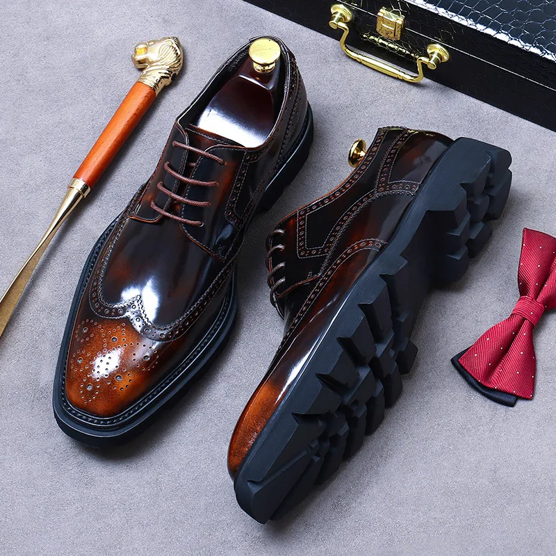 British Business Leather Shoes Formal Cowhide Thick-Soled Handmade Derby Shoes Stylish Men's Glossy Fine Craftsmanship Men Shoes 3