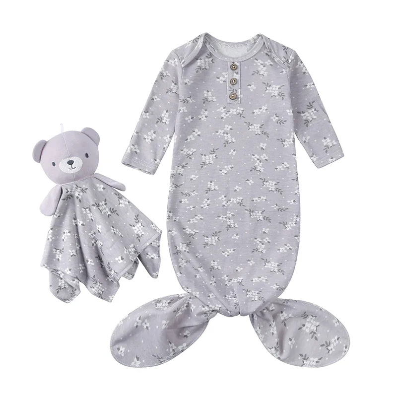0-6M Baby Boys Girls Sleepsacks＋Bear Doll Soothing Towel Newborn Cartoon Print Sleep Sack Infant Warm Soft Cute Sleeping Bag