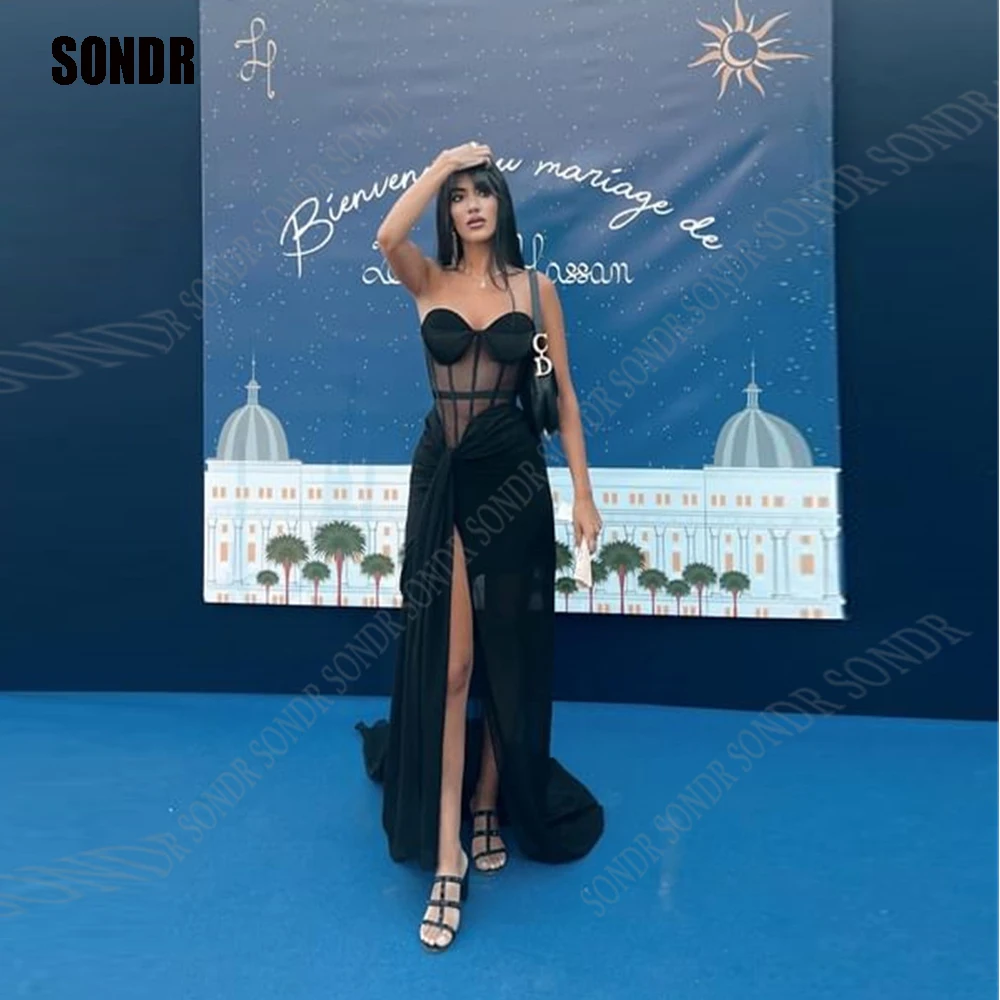 

SONDR Royal Black Stretch Satin Saudi Arabia Prom Gowns 2023 Sweetheart Long Slit Elegant Party Dresses Formal Evening Dress