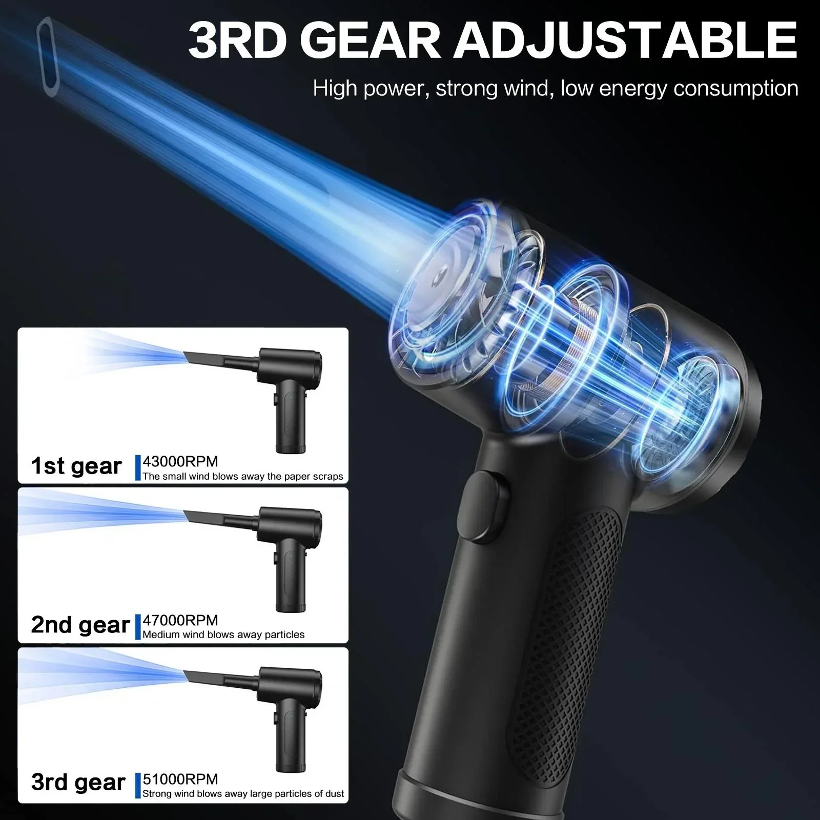 6000mAh Rechargeable Compressed Air Duster Electric Air Blower with LED Light 3 Gear Speed Up to 51000RPM