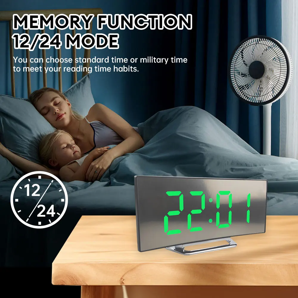 LED Curved Electronic Clock With Sleep Temperature Mirror Alarm Clock  Bedside Silent Clock  For Students Bedroom Living Room