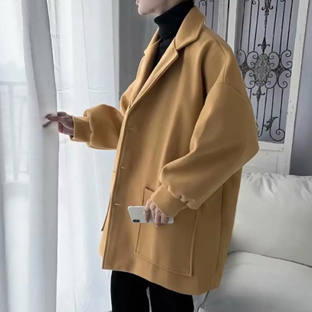 

Winter Men Overcoat Solid Color Lapel Notch Collar Long Sleeve Trench Coat Mid Length Single-breasted Pockets Male Wool Coat