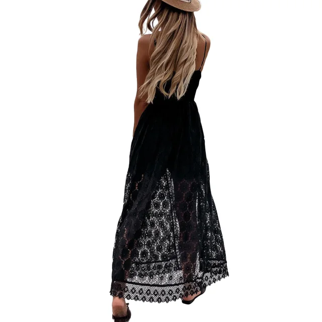 여름에 어울리는 V넥 단색 레이스 할로우 아웃 민소매 슬링 파티웨어