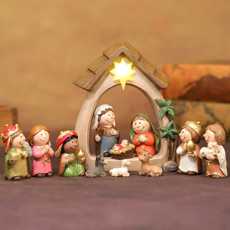 1set Birth Of Holy Statue Ornament LED Light Nativity Scene Crafts Resin Christmas Manger Catholic Tabletop Figurine