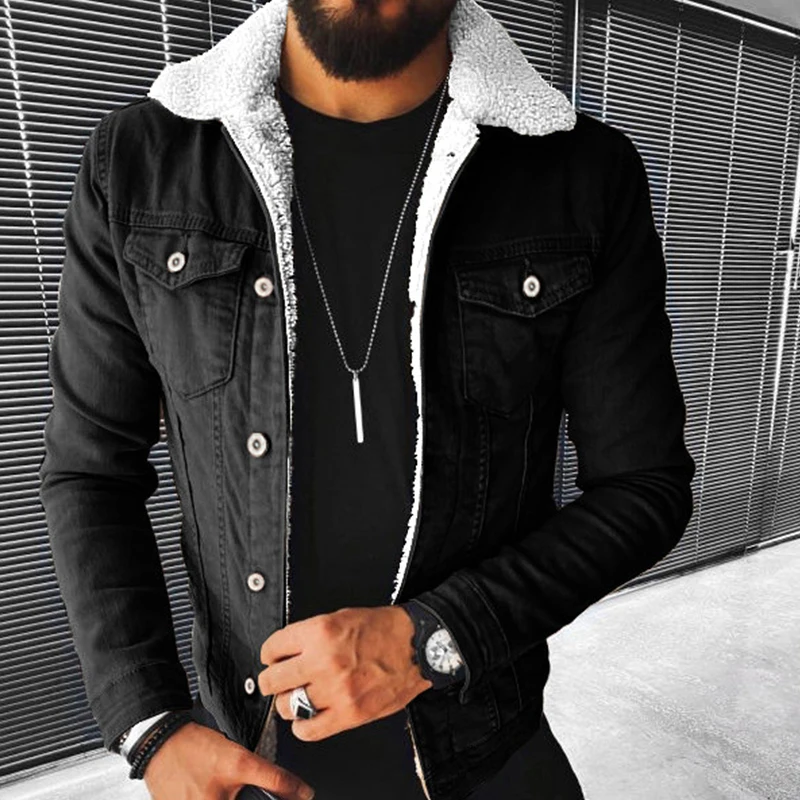 

Winter Men's Imitation Lamb Thickened Denim Jacket Coat Luxury Lapel Plush Lining Warm Outerwear