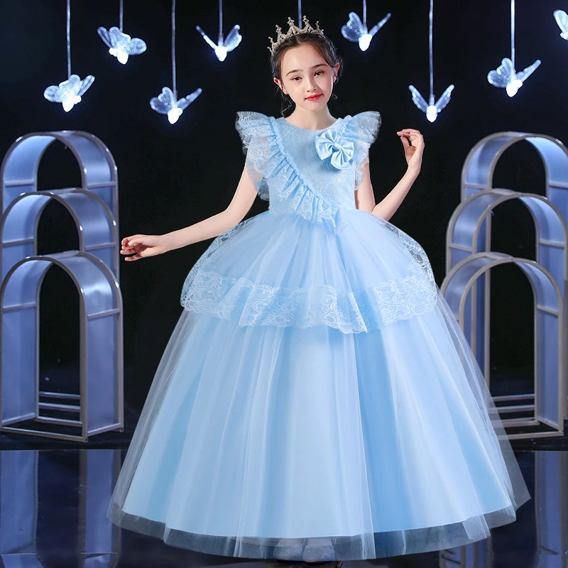 

Girls' Elegant Embroidered Princess Dress 4-12 Years Old Lace Bow Long Dress Wedding Banquet Host Ball Performance Dress