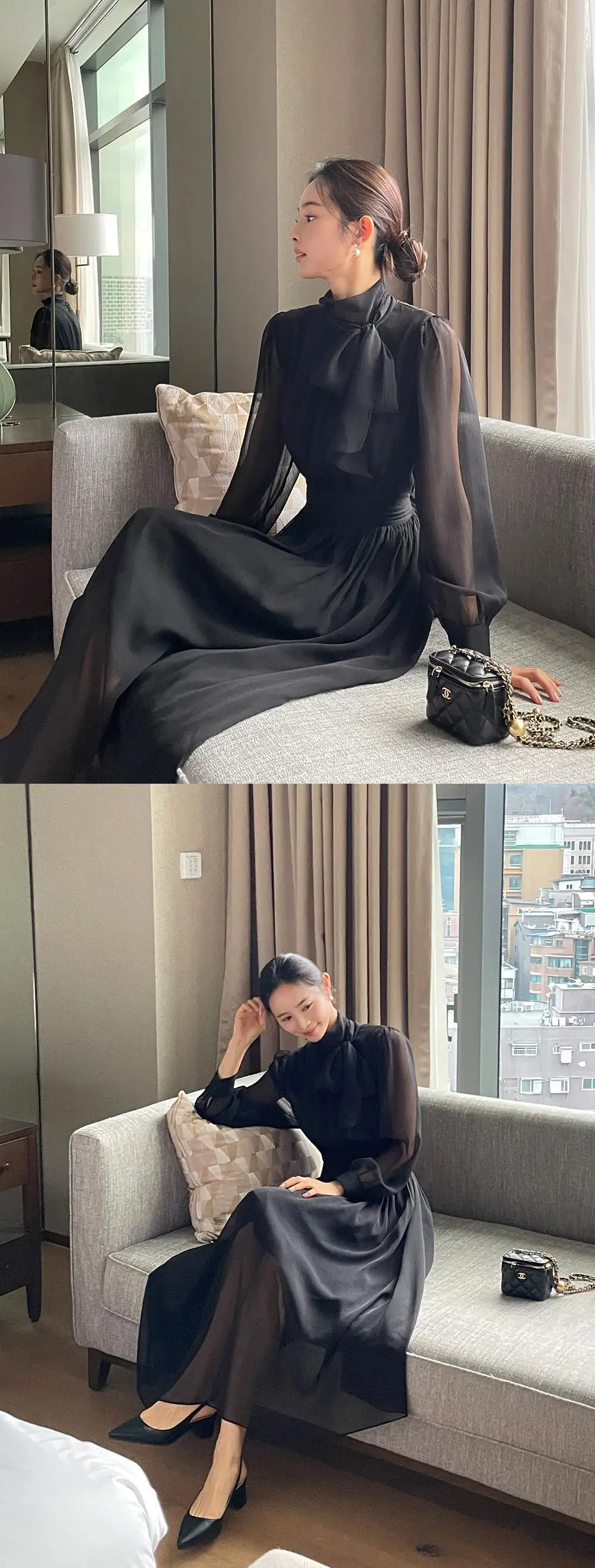 Elegant Midi Dresses for Women Long Sleeves Half High Collar Lace-up A-line Korean Fashion Autumn New One Piece Vestido Mujer