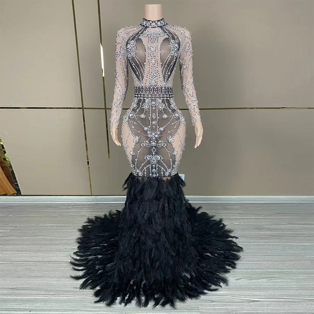 

Customized New Sexy Long Sleeve Feather Streaking lace High Elastic Sequins Tight Dress Birthday Party Dress Performance Dress