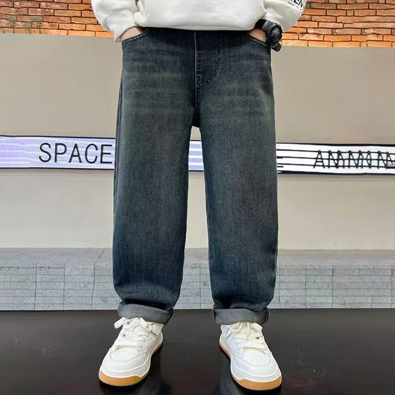 Boys Plush Warm Jeans Autumn Winter Kids Fashion Embroidered Letter Denim Pants Casual Loose Straight Trousers for 5-14 Years